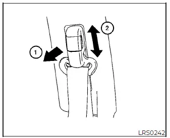 Adjusting the front shoulder seat belt anchor height in a Nissan Versa by squeezing the release button and sliding the anchor vertically