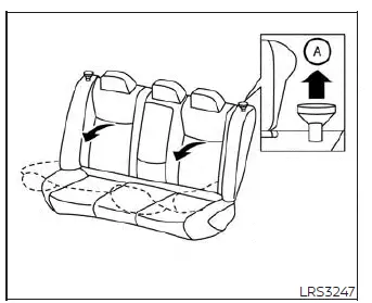 Illustration of releasing the Nissan Versa rear seatback lock by pulling up the release knob A to fold the seat forward