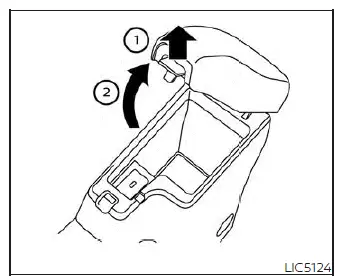 Center console armrest box latch operation for interior storage in the Nissan Versa