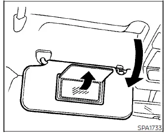 Opening the vanity mirror cover on the passenger side sun visor in the Nissan Versa