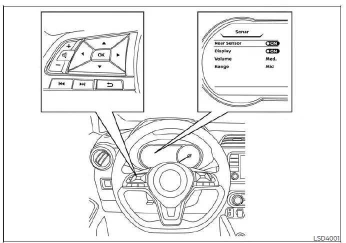 Instrument cluster and steering wheel controls for managing sonar settings in a Nissan Versa