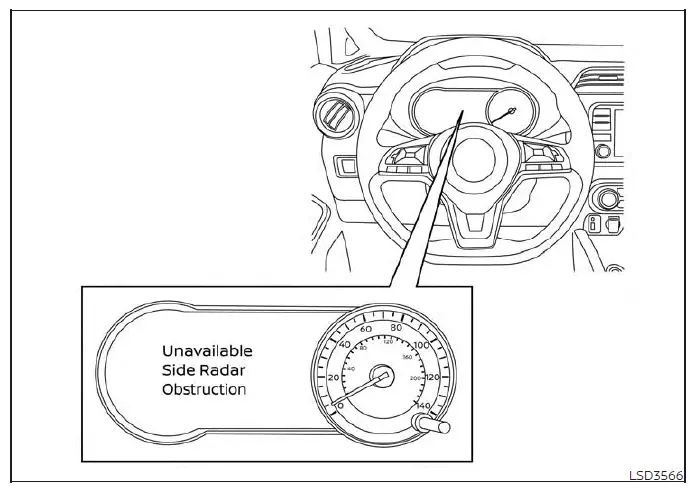 Dashboard display showing a radar obstruction warning message for the Blind Spot Warning system in a Nissan Versa