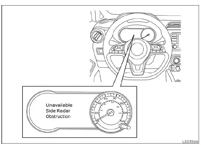 Dashboard display showing a side radar obstruction warning message for the Rear Cross Traffic Alert system in a Nissan Versa
