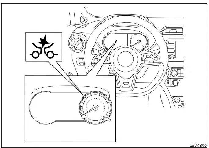 Dashboard warning indicator showing temporary system unavailability for the Automatic Emergency Braking system in a Nissan Versa