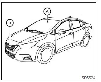 Location diagram of the front radar sensor and windshield camera on a Nissan Versa