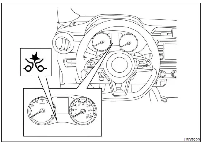 Trip computer display screen in a Nissan Versa indicating front radar obstruction warning status