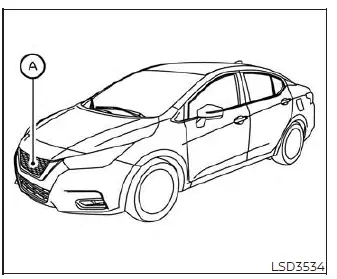 Diagram showing the location of radar sensor A behind the front lower grille on a Nissan Versa
