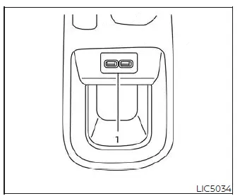 Top of the Nissan Versa center console showing the Type-A and Type-C USB charging ports