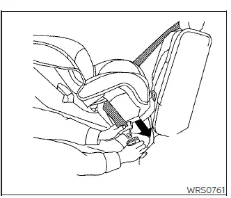Routing the three-point seat belt webbing through the rear-facing child restraint belt path and buckling it in a Nissan Versa