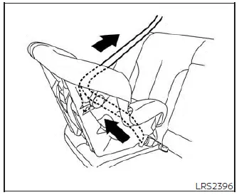 Guiding the seat belt back into the retractor to remove the initial slack while installed on the child restraint in a Nissan Versa
