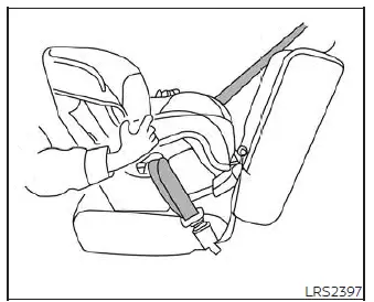 Testing the security of the seat-belt-installed rear-facing child safety seat by shaking it near the belt path in a Nissan Versa