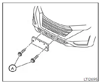Correct mounting positions and location marks for installing the front license plate on the Nissan Versa front bumper fascia