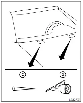 Locating the windshield-washer fluid nozzle on the hood panel of a Nissan Versa